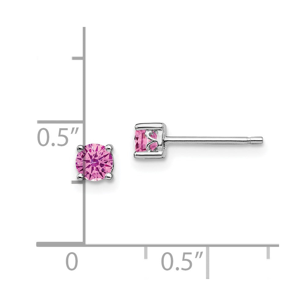 QBE26OCT Sterling Silver Rhodium-plated 4mm Round Created Pink Sapphire Post Earring