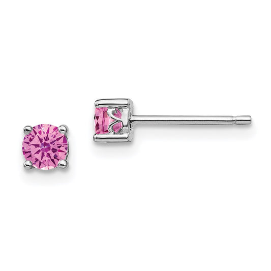 QBE26OCT Sterling Silver Rhodium-plated 4mm Round Created Pink Sapphire Post Earring