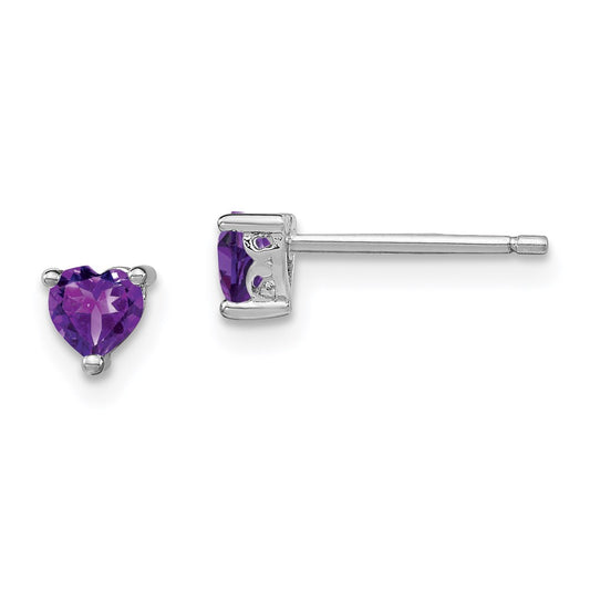 QBE27FEB Sterling Silver Rhodium-plated 4mm Heart Amethyst Post Earrings
