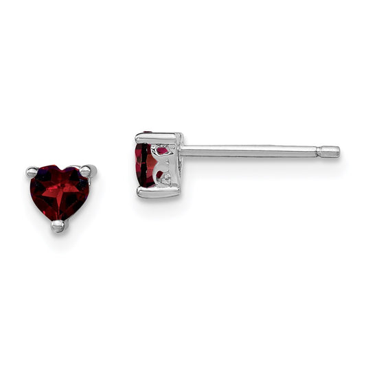 QBE27JAN Sterling Silver Rhodium-plated 4mm Heart Garnet Post Earrings