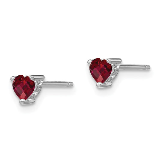 QBE27JUL Sterling Silver Rhodium-plated 4mm Heart Created Ruby Post Earrings