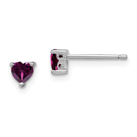 QBE27JUN Sterling Silver Rhod-plated 4mm Heart Rhodolite Garnet Post Earrings