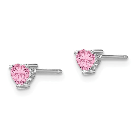 QBE27OCT Sterling Silver Rhod-pltd 4mm Heart Cr. Pink Sapphire Post Earrings