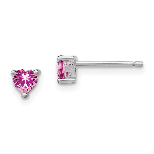QBE27OCT Sterling Silver Rhod-pltd 4mm Heart Cr. Pink Sapphire Post Earrings