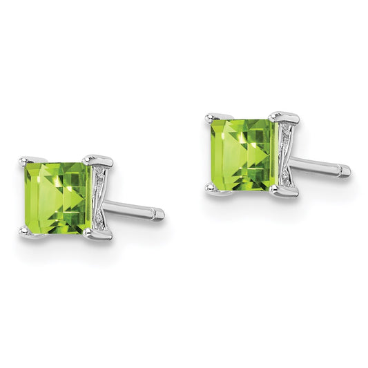 QBE28AUG Sterling Silver Rhodium-plated 4mm Princess Peridot Post Earrings