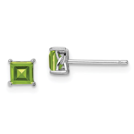 QBE28AUG Sterling Silver Rhodium-plated 4mm Princess Peridot Post Earrings