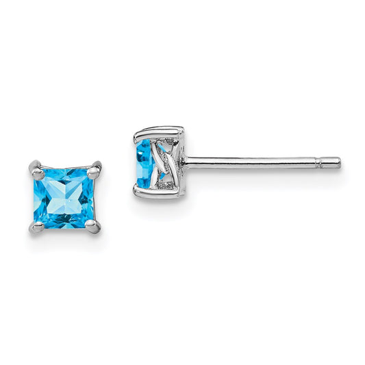 QBE28DEC Sterling Silver Rhod-pltd 4mm Princess Swiss Blue Topaz Post Earrings