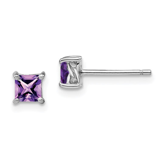 QBE28FEB Sterling Silver Rhodium-plated 4mm Princess Amethyst Post Earrings