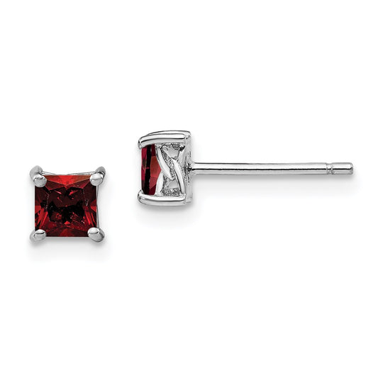 QBE28JAN Sterling Silver Rhodium-plated 4mm Princess Garnet Post Earrings