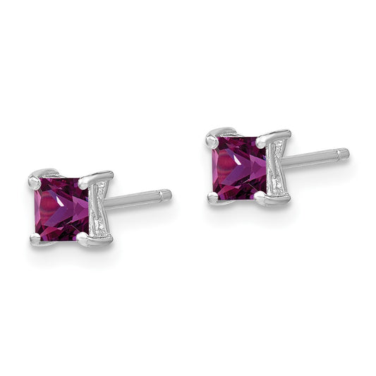 QBE28JUL Sterling Silver Rhod-pltd 4mm Princess Created Ruby Post Earrings