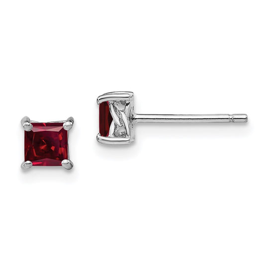 QBE28JUL Sterling Silver Rhod-pltd 4mm Princess Created Ruby Post Earrings