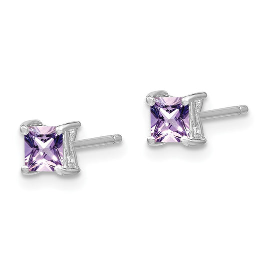 QBE28JUN Sterling Silver Rhod-pltd 4mm Princess Rhodolite Garnet Post Earrings