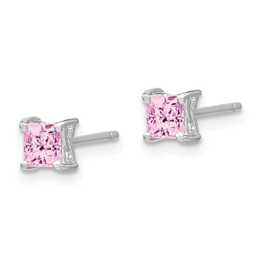 QBE28OCT Sterling Silver Rhod-pltd 4mm Princess Cr. Pink Sapphire Post Earrings