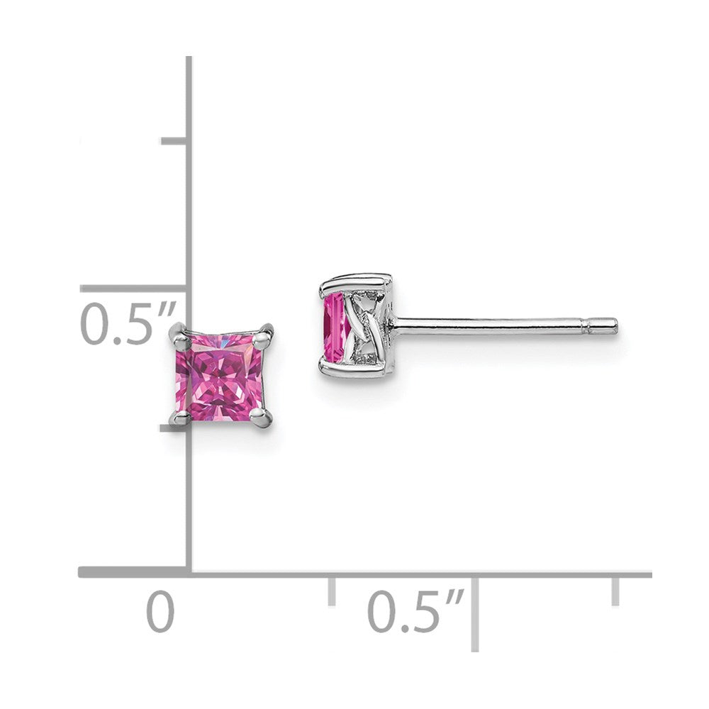 QBE28OCT Sterling Silver Rhod-pltd 4mm Princess Cr. Pink Sapphire Post Earrings