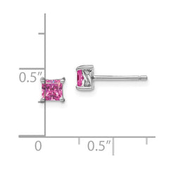 QBE28OCT Sterling Silver Rhod-pltd 4mm Princess Cr. Pink Sapphire Post Earrings