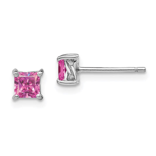 QBE28OCT Sterling Silver Rhod-pltd 4mm Princess Cr. Pink Sapphire Post Earrings