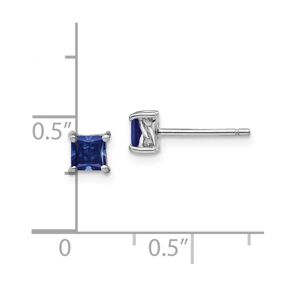 QBE28SEP Sterling Silver Rhod-pltd 4mm Princess Created Sapphire Post Earrings