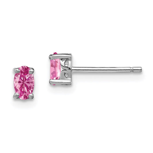 QBE29OCT Sterling Silver Rhodium-plated 5x3mm Oval Created Pink Sapphire Post Earrin