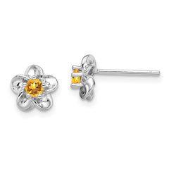 QBE30CI Sterling Silver Rhodium-plated Floral Citrine Post Earrings