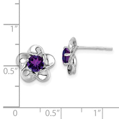 QBE31FEB Sterling Silver Rhodium-plated Floral Amethyst Post Earrings