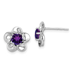 QBE31FEB Sterling Silver Rhodium-plated Floral Amethyst Post Earrings