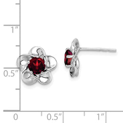 QBE31JAN Sterling Silver Rhodium-plated Floral Garnet Post Earrings