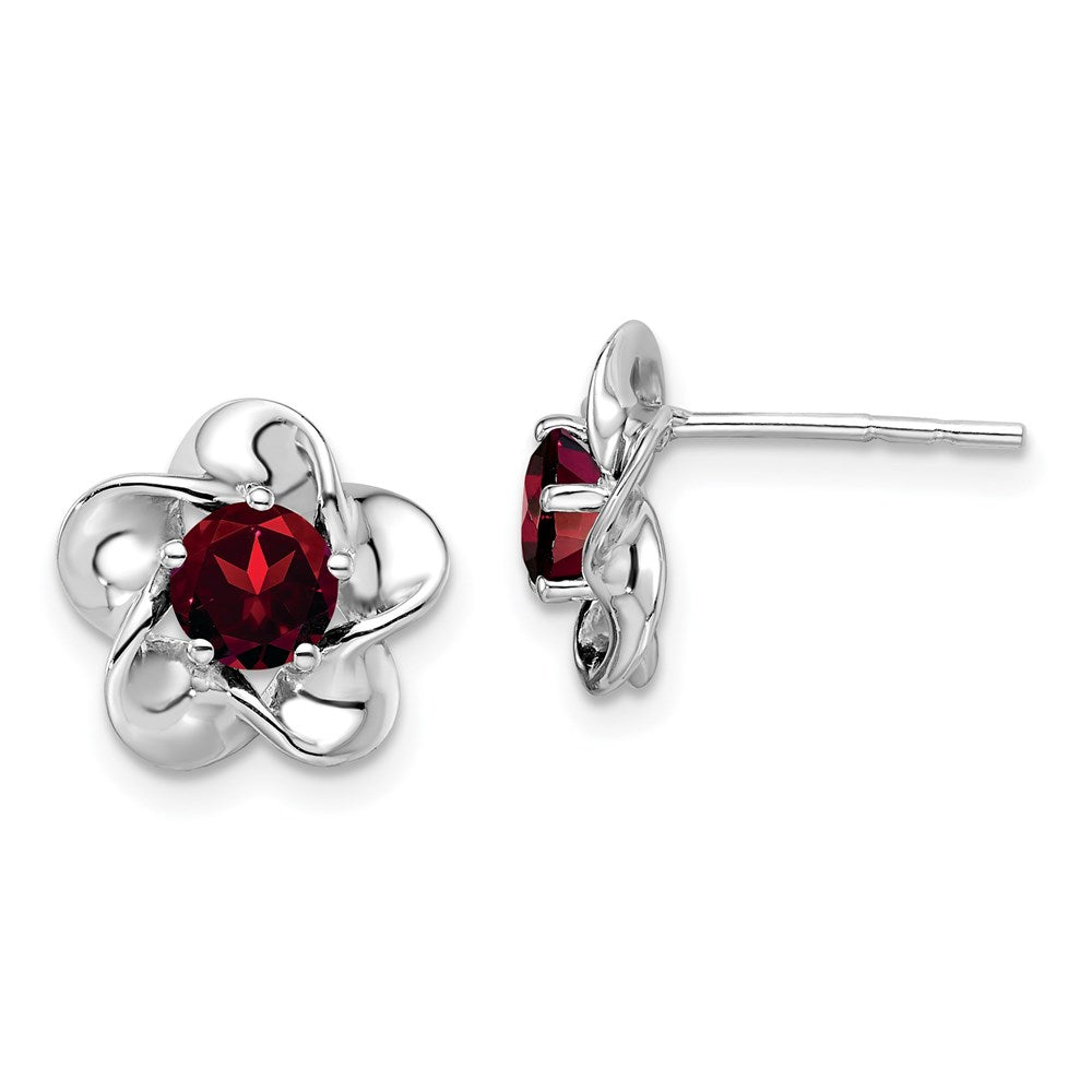 QBE31JAN Sterling Silver Rhodium-plated Floral Garnet Post Earrings