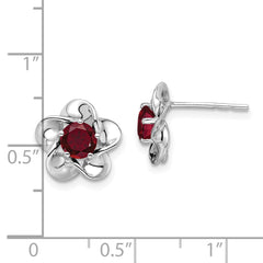 QBE31JUL Sterling Silver Rhodium-plated Floral Created Ruby Post Earrings