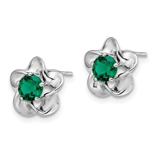 QBE31MAY Sterling Silver Rhodium-plated Floral Created Emerald Post Earrings