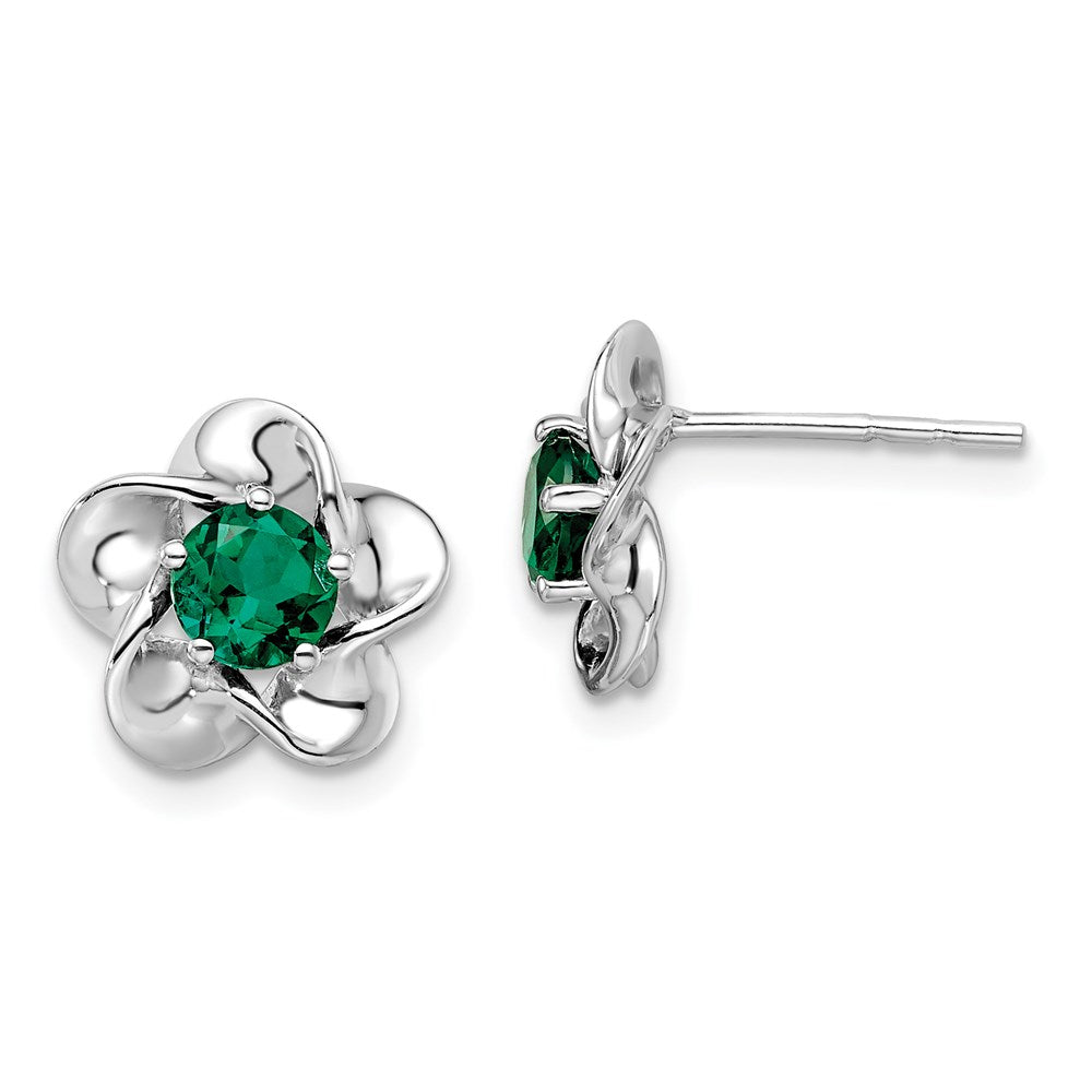 QBE31MAY Sterling Silver Rhodium-plated Floral Created Emerald Post Earrings