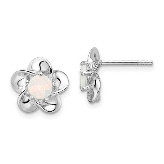 QBE31OCT Sterling Silver Rhodium-plated Floral Created Opal Post Earrings