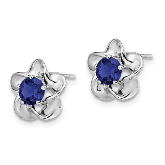 QBE31SEP Sterling Silver Rhodium-plated Floral Created Sapphire Post Earrings