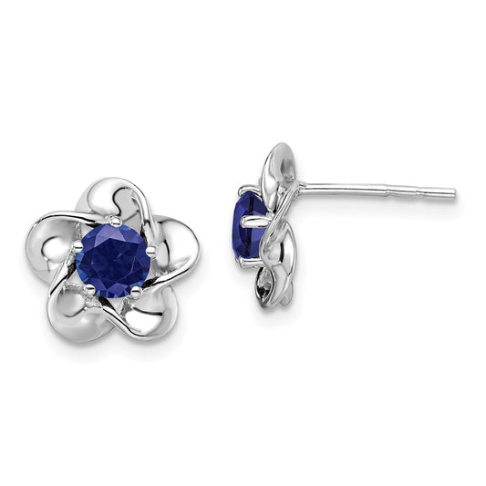 QBE31SEP Sterling Silver Rhodium-plated Floral Created Sapphire Post Earrings