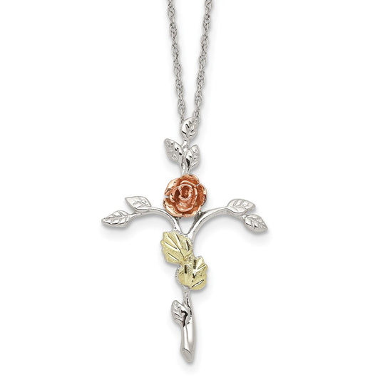 Landstrom's Mt. Rushmore Black Hills Sterling Silver 12K Gold Accents Floral Cross 18 inch Spring Ring Clasp Necklace QBH162-18