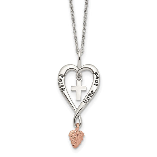 Landstrom's Mt. Rushmore Black Hills Sterling Silver 12K Gold Accents Antiqued FAITH HOPE LOVE Heart with Cross and Leaf Dangle 18 inch Spring Ring Clasp Necklace QBH180-18