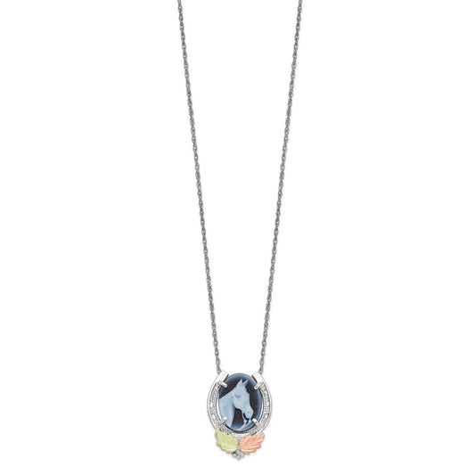 Landstrom's Mt. Rushmore Black Hills Sterling Silver 12K Gold Accents Horseshoe with Horse Head Blue Cameo 18 inch Spring Ring Clasp Necklace QBH235-18