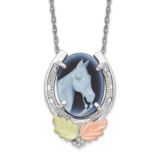 Landstrom's Mt. Rushmore Black Hills Sterling Silver 12K Gold Accents Horseshoe with Horse Head Blue Cameo 18 inch Spring Ring Clasp Necklace QBH235-18