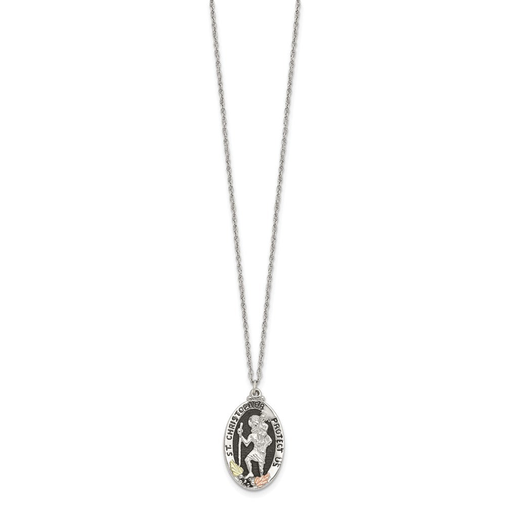 Landstrom's Mt. Rushmore Black Hills Sterling Silver 12K Gold Accents Antiqued St. Christopher Protect Us 18 inch Spring Ring Clasp Necklace QBH252-18