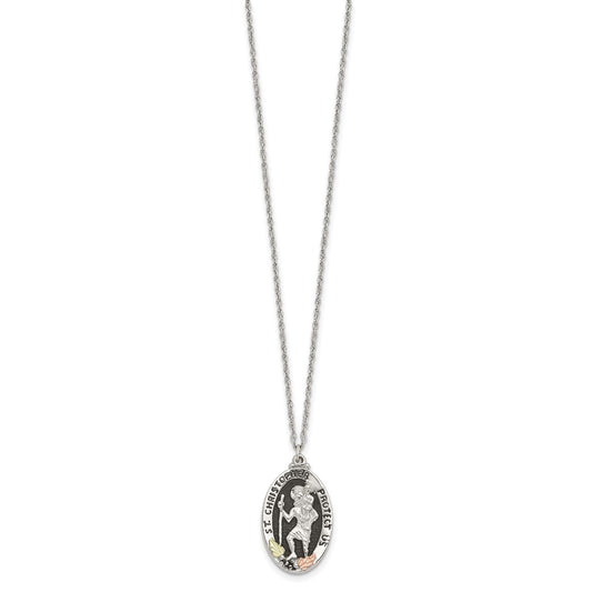 Landstrom's Mt. Rushmore Black Hills Sterling Silver 12K Gold Accents Antiqued St. Christopher Protect Us 18 inch Spring Ring Clasp Necklace QBH252-18