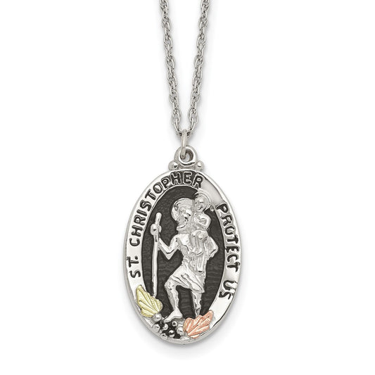 Landstrom's Mt. Rushmore Black Hills Sterling Silver 12K Gold Accents Antiqued St. Christopher Protect Us 18 inch Spring Ring Clasp Necklace QBH252-18