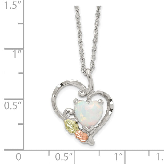 Landstrom's Mt. Rushmore Black Hills Sterling Silver 12K Gold Accents Lab Created White Opal Heart 18 inch Spring Ring Clasp Necklace QBH290-18
