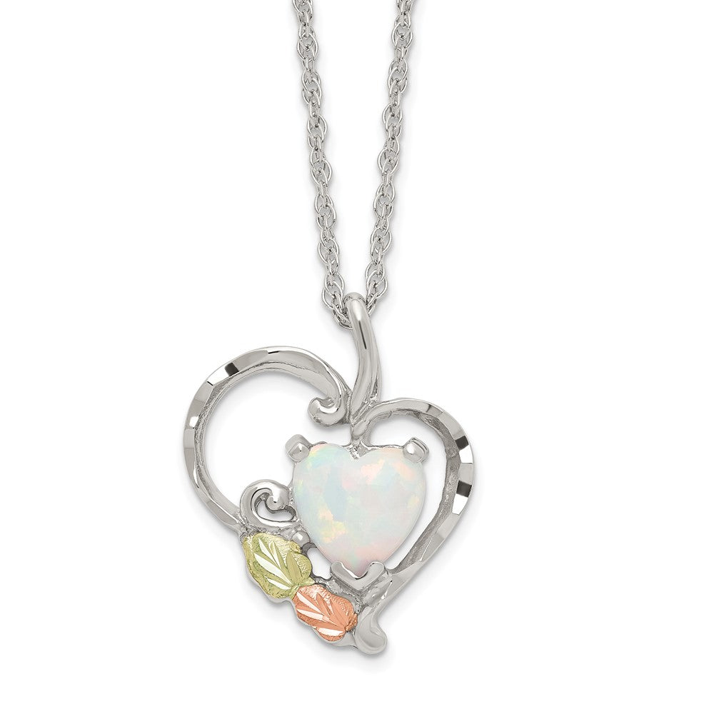 Landstrom's Mt. Rushmore Black Hills Sterling Silver 12K Gold Accents Lab Created White Opal Heart 18 inch Spring Ring Clasp Necklace QBH290-18