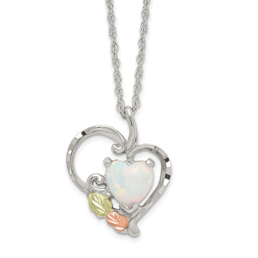 Landstrom's Mt. Rushmore Black Hills Sterling Silver 12K Gold Accents Lab Created White Opal Heart 18 inch Spring Ring Clasp Necklace QBH290-18