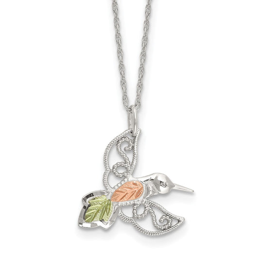 Sterling Silver Rhod-pltd w/12K Accents Hummingbird 18in Necklace QBH299-18