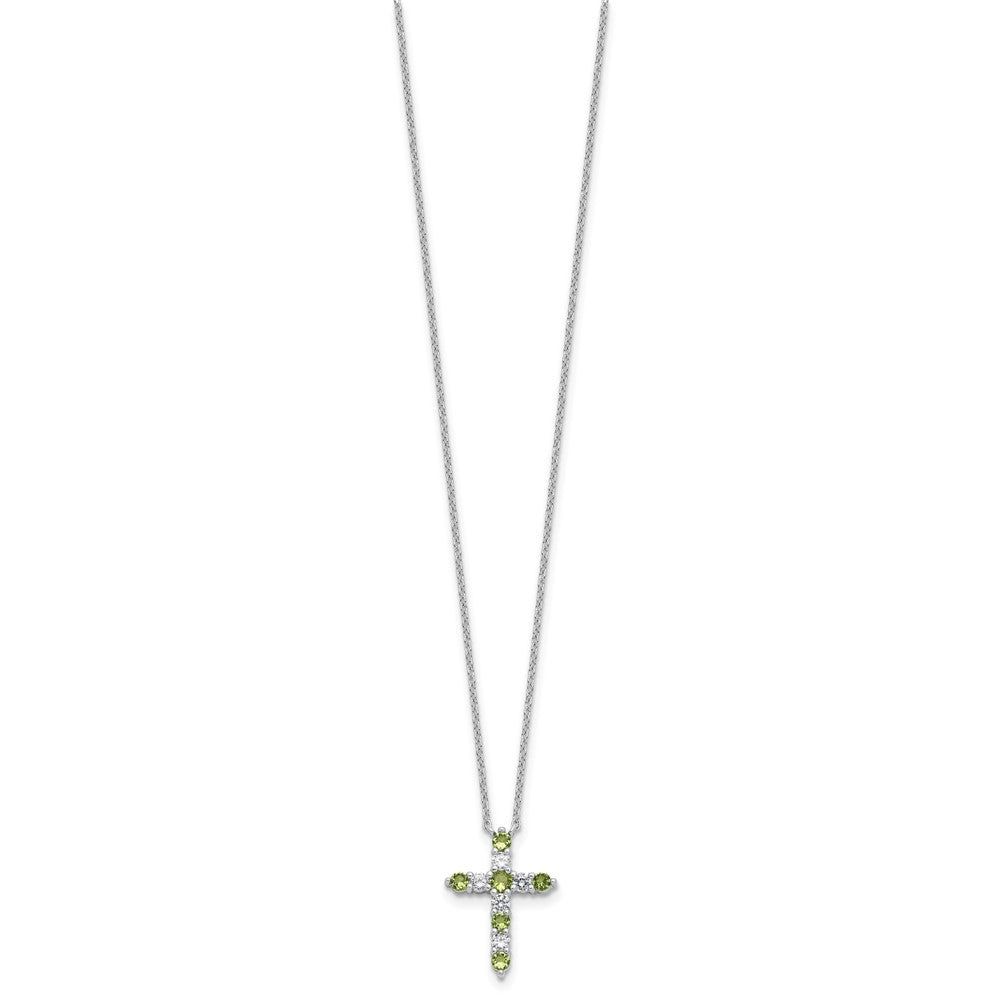 SS RH-plated Green CZ August Birthstone Cross w/2in ext Necklace QBPD36AUG