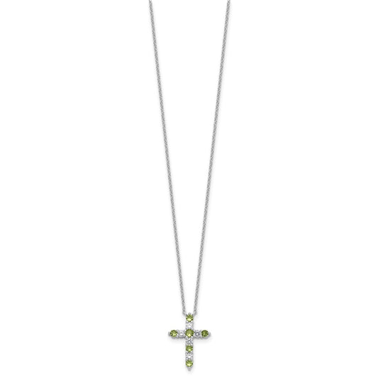 SS RH-plated Green CZ August Birthstone Cross w/2in ext Necklace QBPD36AUG