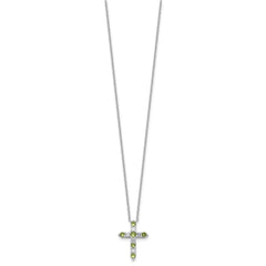 SS RH-plated Green CZ August Birthstone Cross w/2in ext Necklace QBPD36AUG