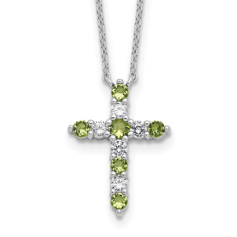 SS RH-plated Green CZ August Birthstone Cross w/2in ext Necklace QBPD36AUG