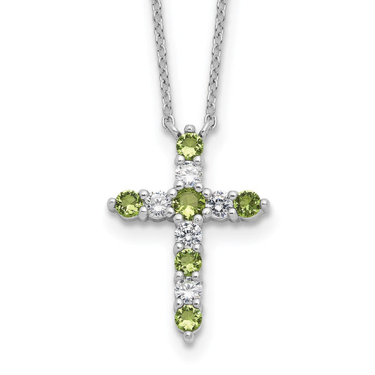 SS RH-plated Green CZ August Birthstone Cross w/2in ext Necklace QBPD36AUG