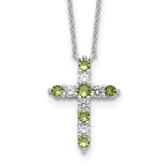 SS RH-plated Green CZ August Birthstone Cross w/2in ext Necklace QBPD36AUG